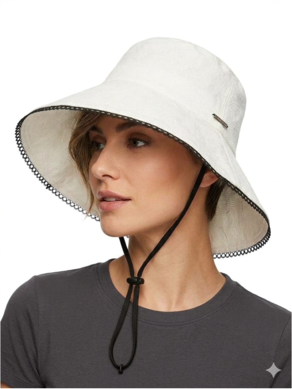 Women's Jessica Simpson White Cream Wide-Brim Sun Hat with Black Lace Trim - 906